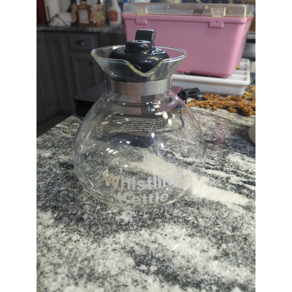 VINTAGE GLASS 12 CUP WHISTLING TEA KETTLE MEDELCO SCHOTT DURAN GERMANY CAFE BREW